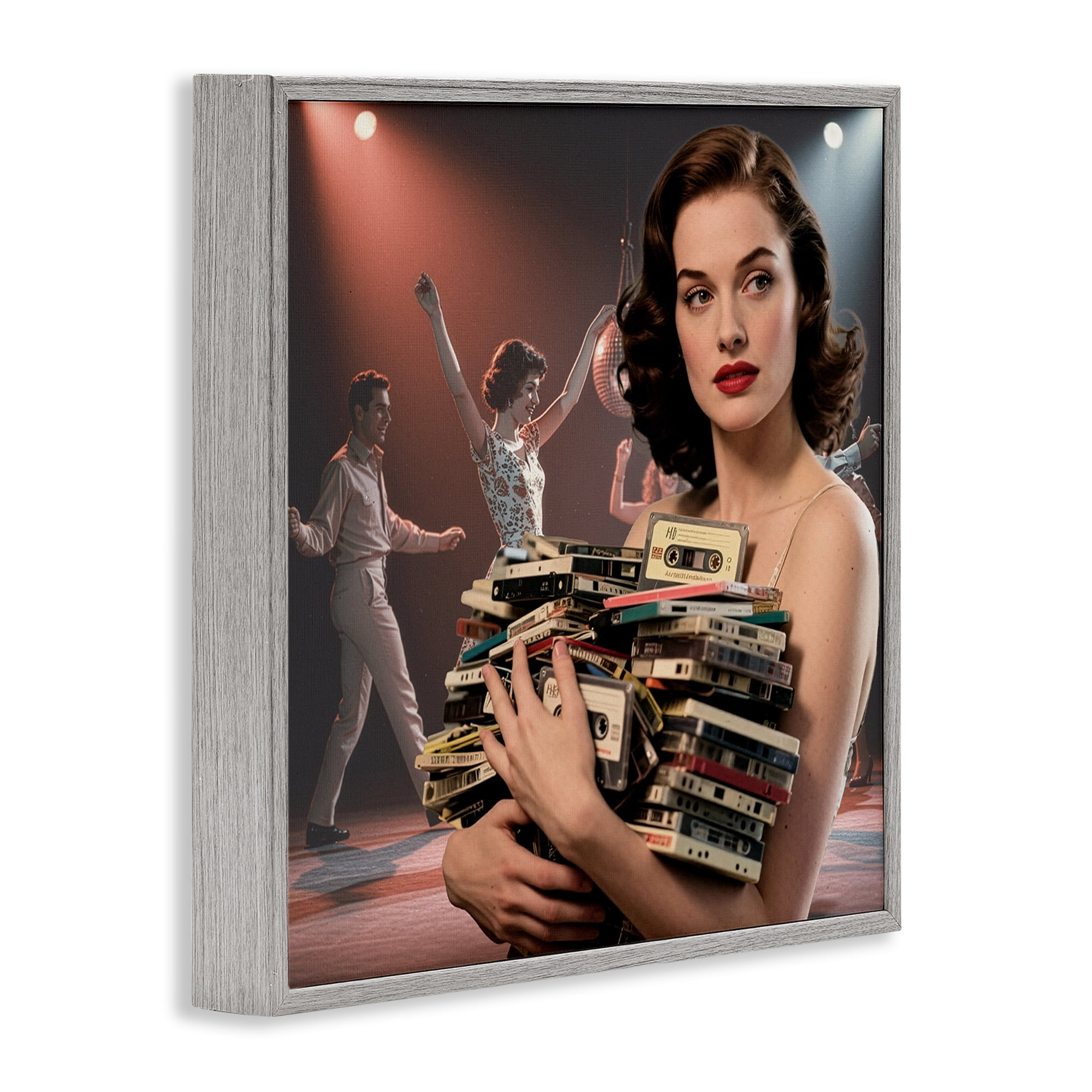 Stupell Industries Woman Holding Vintage Cassette Collection Gray Framed Giclee Art, design by CAD Designs