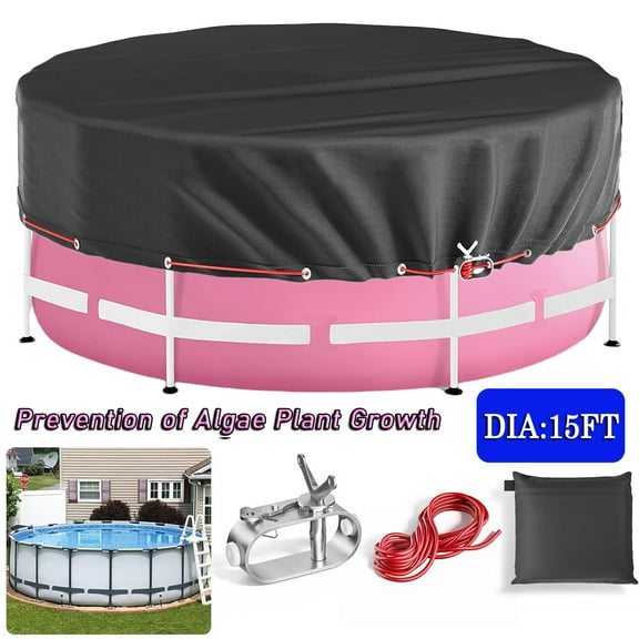 SkyTex 15 Ft Round Pool Cover, Solar Pool Covers for Above Ground Pools, Winter Pool Cover Protector with Steel Rope, PE Tarp Ideal for Waterproof & Dustproof, Black
