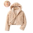 thumbnail image 3 of OGLCCG Girl's Faux Fur Coat Long Sleeve Button Front Fuzzy Hooded Cropped Jacket Fall Winter Fluffy Sherpa Coat(Khaki,12-13Years), 3 of 8