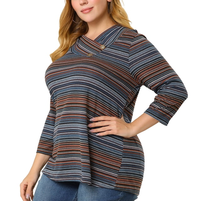 BluDe Punto De Rayas Boho Cuello Vuelto TalGrande Top PaMujer Azul XXL