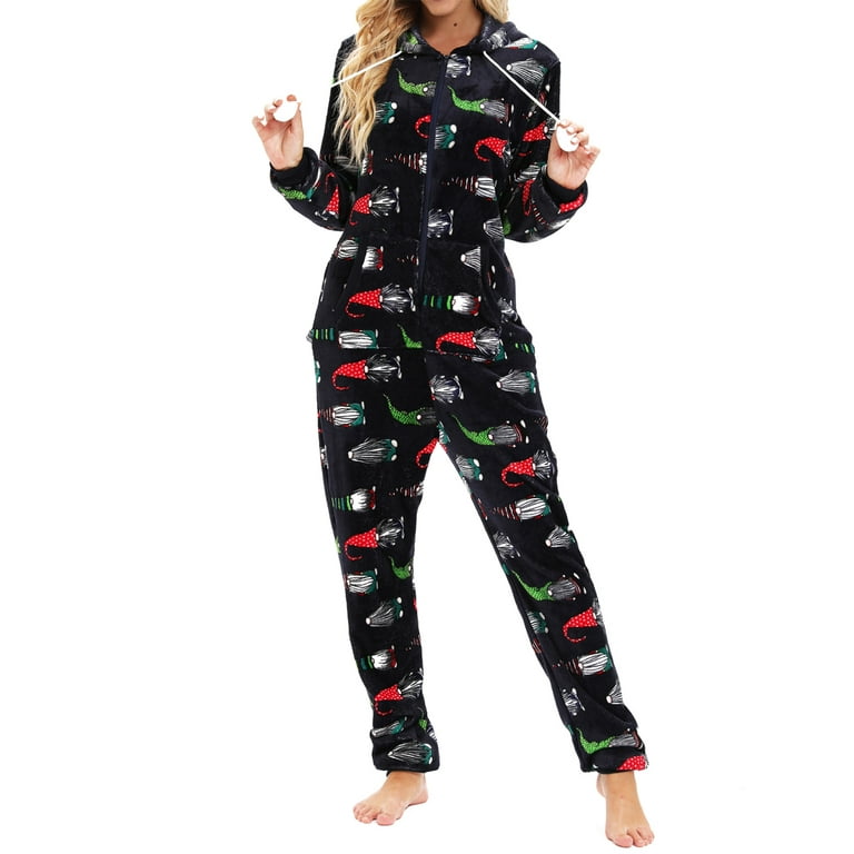 Cozy Fleece Christmas Pajamas for Women Hooded One Piece Jumpsuit
