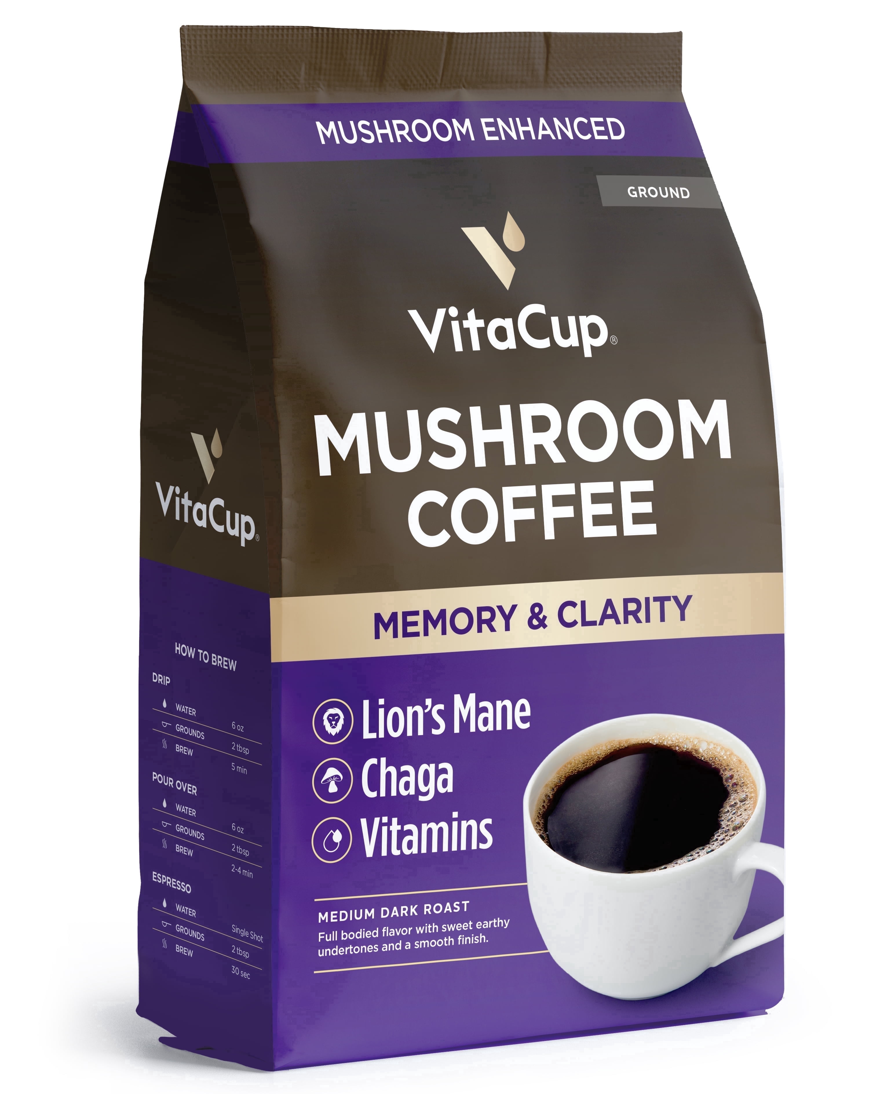 VitaCup Ground Mushroom Coffee w/ Lions Mane & Chaga, 10 Ounces