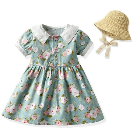 

Huilaibazo Girls Dress Kids Toddler Baby Girls Spring Summer Floral Cotton Short Sleeve Princess Dress Hat Clothes