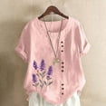 thumbnail image 2 of JSheng Womens Casual Linen Tops Summer Classic Print V-Neck Button Down T-Shirts Loose Short Sleeve Blouses ZE-Pink XXXXXL, 2 of 5