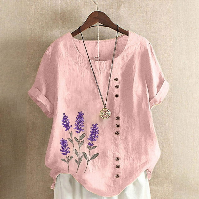 Women's Casual Linen Top Printed Short Sleeve Button Blouse Soft Polyester Comfortable T-Shirt for Daily Wear Work Vacation Party Spring Summer Fall Fashion