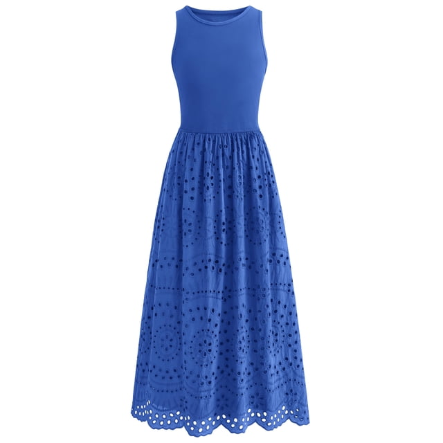 Vestido Dowerme de verano para mujer, casual, sin mangas, corte en A, maxi azul