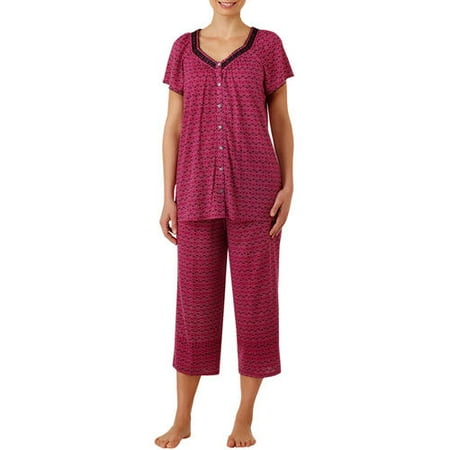 Women's and Women's Plus Traditional Pajama Short Sleeve Sweetheart Neck Top and Capri Pant 2 Piece Sleepwear Set