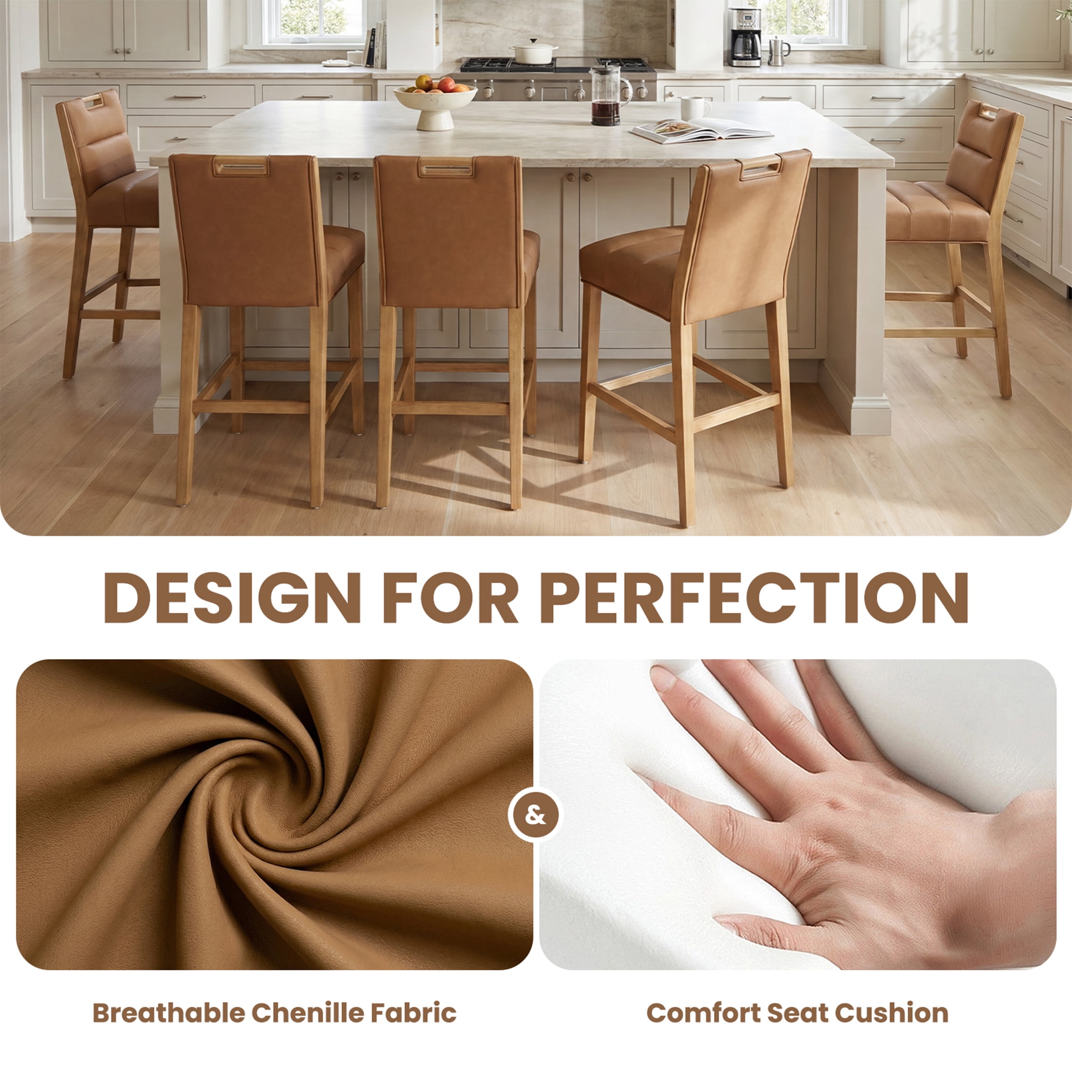Guyou 26" Modern Bar Stools, Faux Leather Upholstered Counter Height Barstools, Armless Wooden Bar Chairs for Kitchen Island, Home Bar, Brown