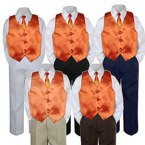 4pc Boy Suit Set Orange Necktie Vest Baby Toddler Kid Formal Pants S-7