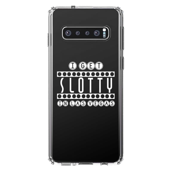 DistinctInk Clear Shockproof Hybrid Case for Samsung Galaxy S10 (6.1" Screen) - TPU Bumper Acrylic Back Tempered Glass Screen Protector - I Get SLOTTY in Las Vegas