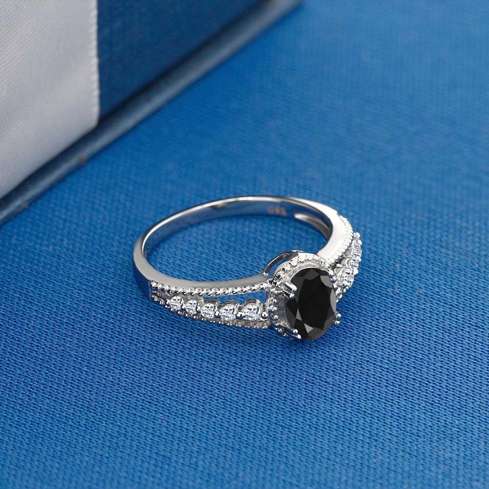 Gem Stone King 1.28 Cttw 925 Sterling Silver Black Sapphire and White Topaz Engagement Ring for Women | Oval 7X5MM | Gemstone Birthstone | Available in Size 5, 6, 7, 8, 9