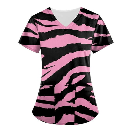

XHJUN Scrub Tops Women Ceil Blue Print Nurse Uniforms for Women Breathable Patterned Short Sleeve V-Neck Plus Size Shirts Tee Tops with Pockets S Pink