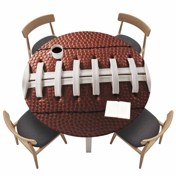 American Football Laces Fitted Tablecloth with Elastic Edged, Round Table Cloth for Dining Table, Classic Rugby Sports Waterproof Oil Proof Table Cover for Indoor Outdoor 45"-54"