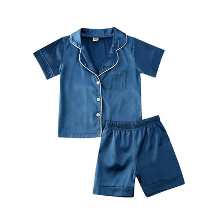 

wybzd Toddler Baby Kids Satin Pajamas Set Short Sleeve Button-Down Tops Shorts Sleepwear PJs for Girls Boys Blue 1-2 Years