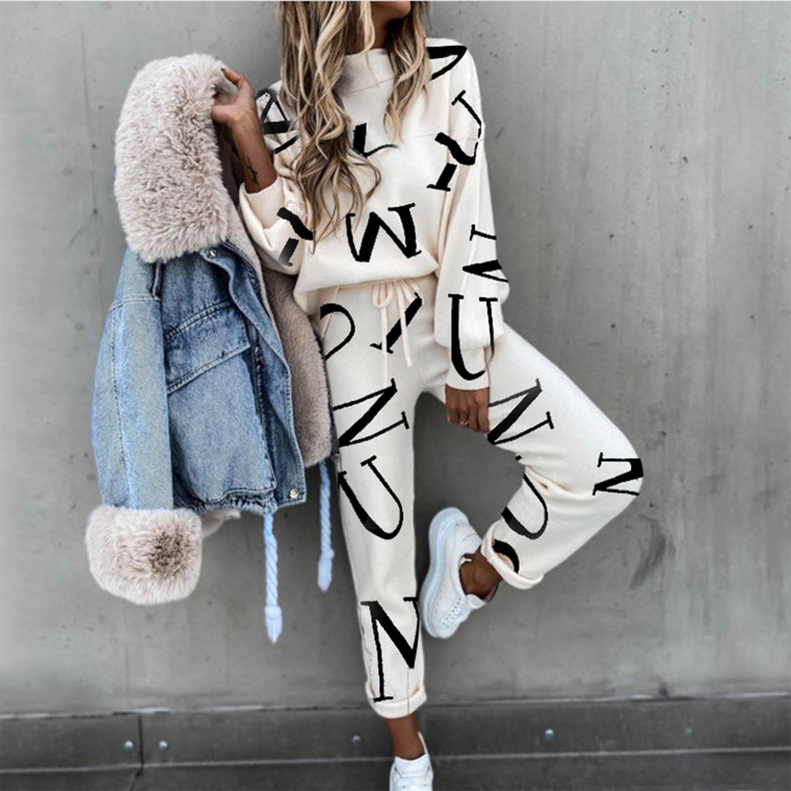 QYZEU Women Interview Clothes Set Workshop Suit Printed Joggers Drawstring  Sleeve Tops Piece 2 Pullover Suit Long And Women'S Women Suits & Sets 