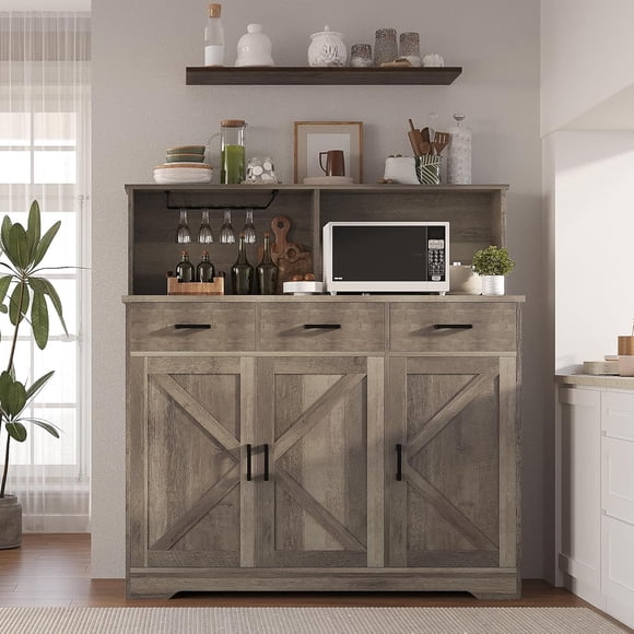 Bingirl Buffet avec Rangement Grande Armoire de Bar à Café en Bois avec Tiroirs Portes et Étagères Buffet de Cuisine Style Ferme pour Cuisine Salle à Manger Salon Gris