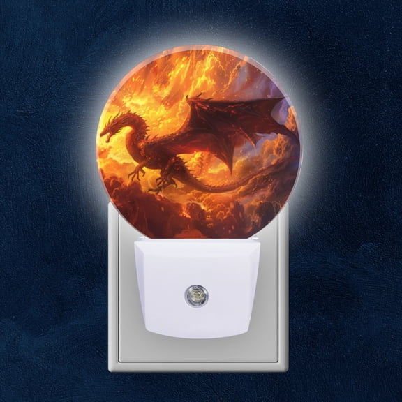 Round LED Night Lights Lamp with Dusk to Dawn Sensor, Majestic Dragon Soaring Through The Fiery Skies Night Light Plug Into Wall for Kids Room, Bedroom, Bathroom, Kitchen, Hallway