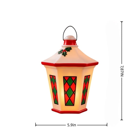 Pincandy White Blow Mold Christmas Lantern, 7.87 Inch Christmas Resin Lantern, Stained Glass Style Window Decor with Holly Accent for Mantel and Table Display, Hanging Handle for Porch Entryway