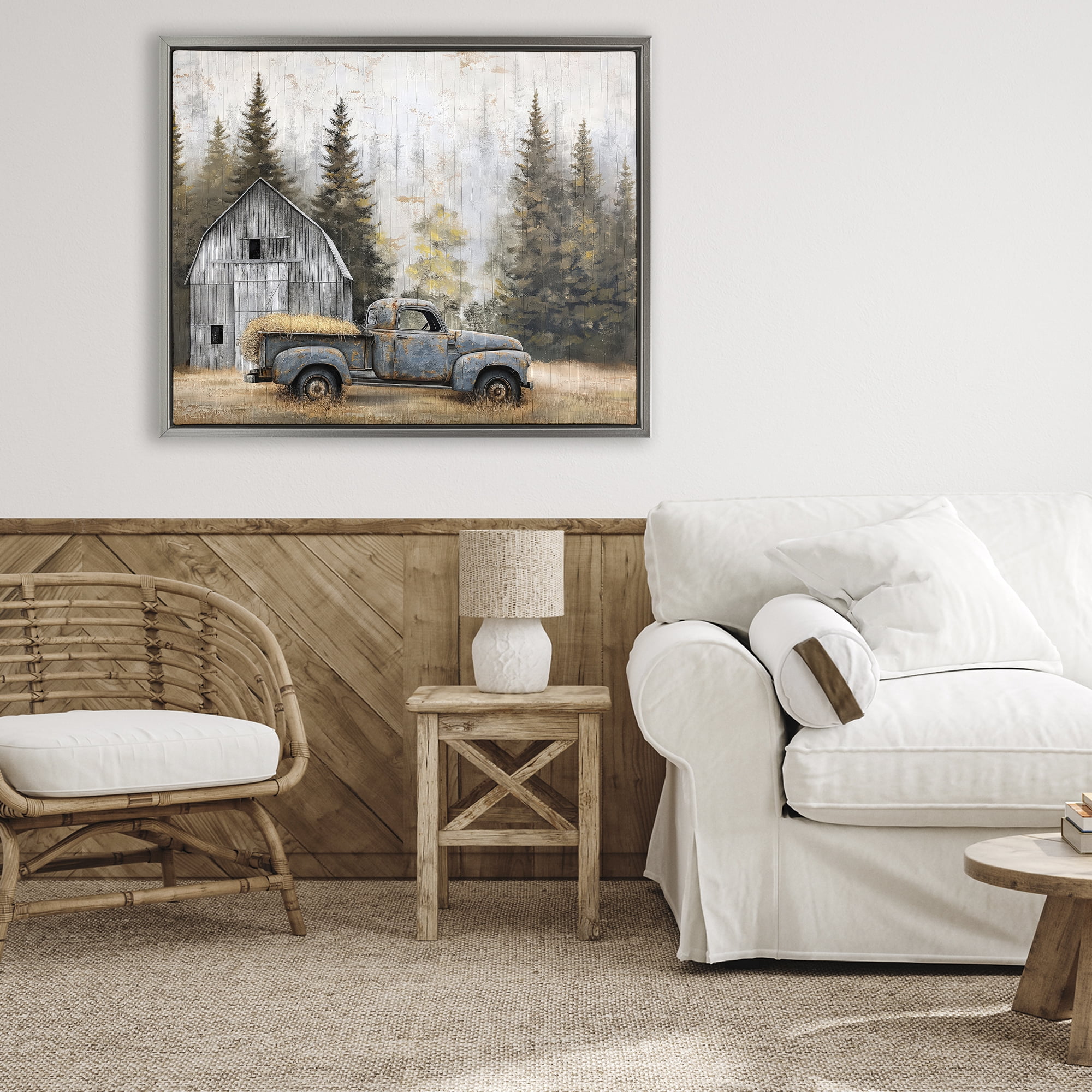 Stupell Industries Autumn Barn & Pine Forest Gray Framed Floater Canvas Wall Art, design by Imagine It Images