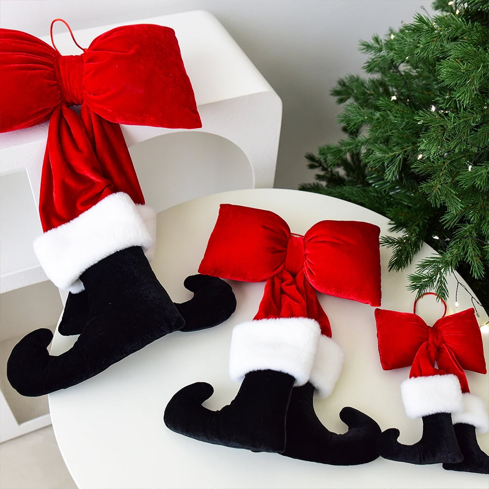 Yucurem Christmas Tree Red Velvet Bow with Santa Legs Hanging Ornaments, 3D Plush Stuffed Christmas Bowknot Pendant for Xmas Tree Garland DIY Craft Wrapping Wall Decor (8.66 in)