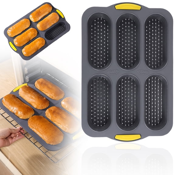 6 Cavity Silicone Bread Pan Non Stick French Bread & Hot Dog Bun Foldable Loaf Pan Baking tool for Homemade Dishwasher Easy Release