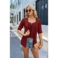 thumbnail image 6 of Fake Two-Piece Square Collar Patchwork Buttons 3/4 Sleeve Tunics Blouse T-Shirt Wine Red XL, 6 of 7