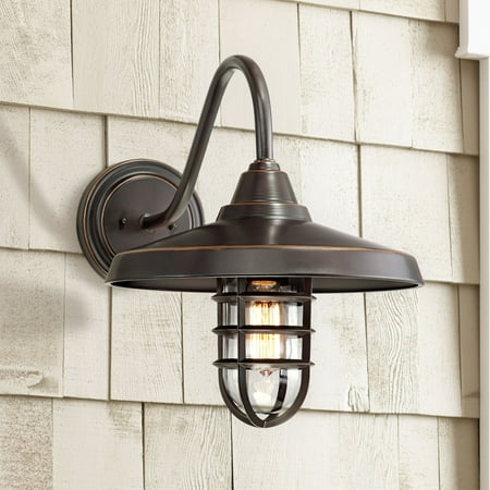 John Timberland Industrial Outdoor Barn Light Fixture Painted Bronze Cage 16 3/4 Clear Glass for Exterior House Porch Patio