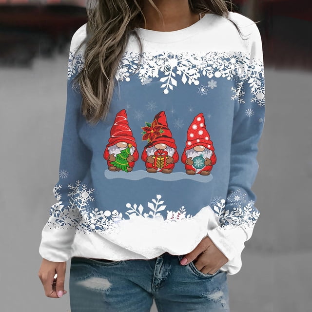 EGNMCR Chandail en Molleton de Noël pour Femmes T-shirt Imprimé d'Hiver Manches Longues Blouse Col Rond Hauts Décontractés