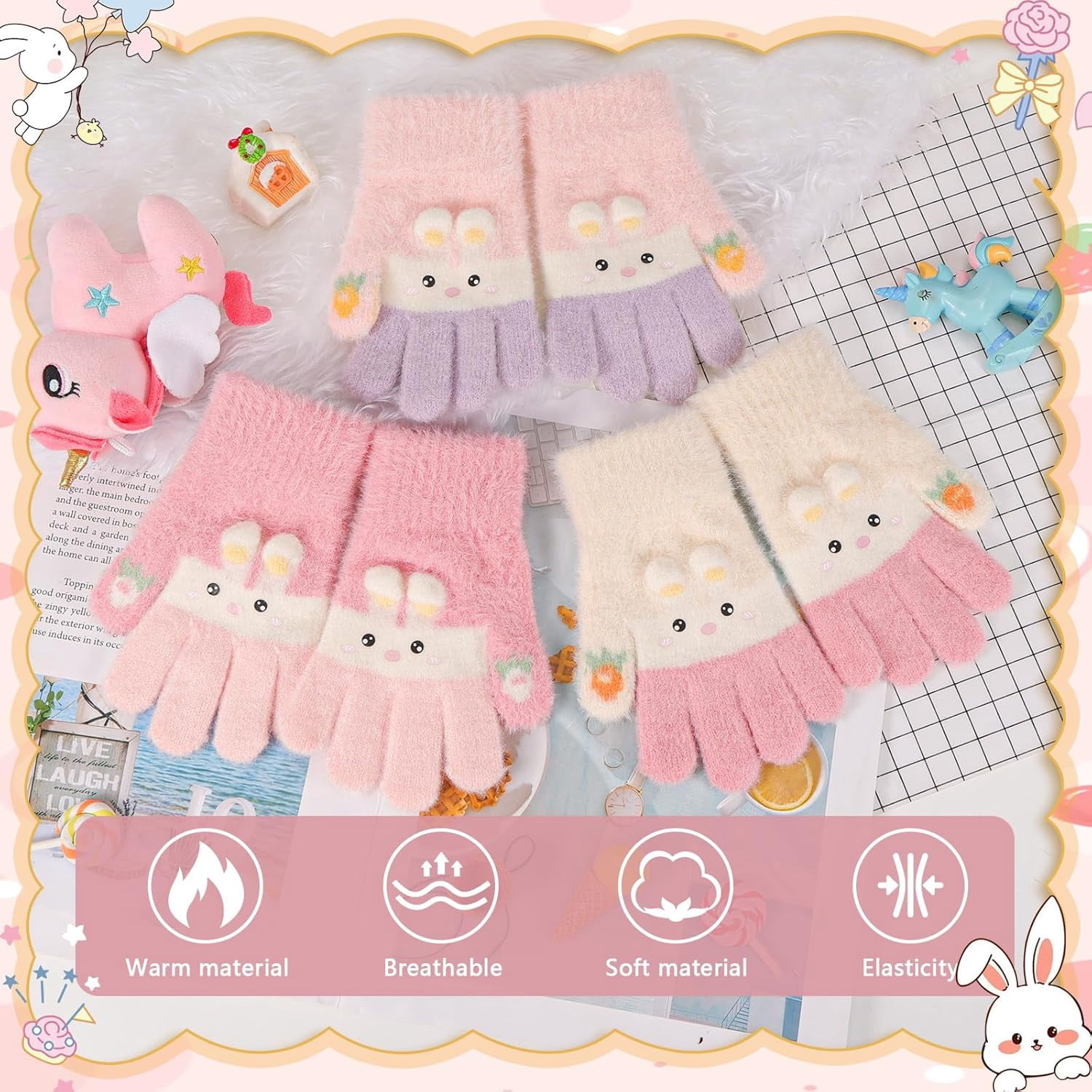 Lot De 3 Paires Gants Magiques Chauds Enfant - Mitaines Lapin Polaire Colorées 4-12 Ans (fille)