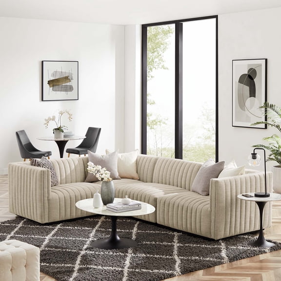 Modway Conjure Channel Tufted Upholstered Fabric 4-Piece L-Shaped Sectional in Black Beige