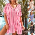 thumbnail image 2 of Xuhomer Beach Cover Ups for Women Sprited Knitted Hollow Short Sleeve V-Neck Split Summer Cover Up Bikini Swimsuits Bathing Suits Loose Sunscreen Cover Swimsuit Cover-up Dress Blue Free Size, 2 of 7
