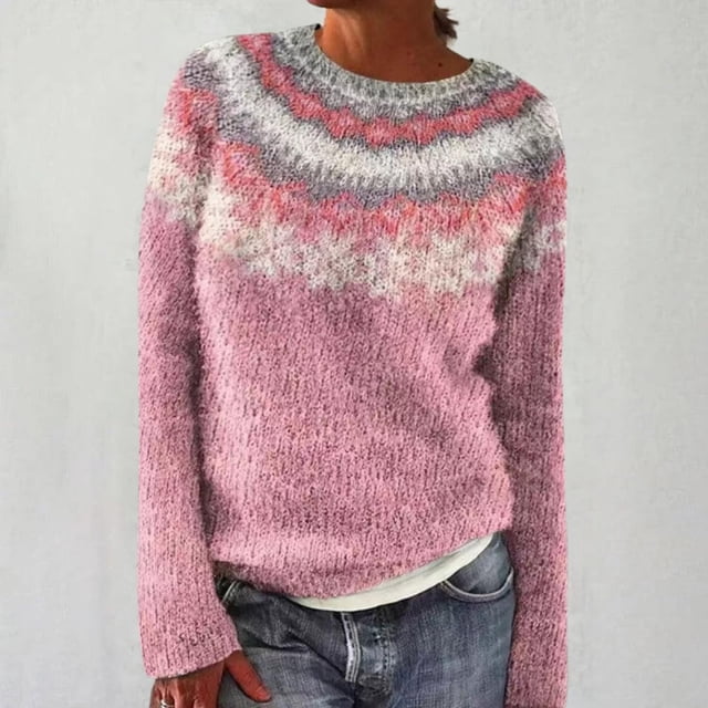 Chandail Rétro Tricoté pour Femmes à Imprimé Île, Décontracté, Ample, Col Rond, Manches Longues, Léger, Court