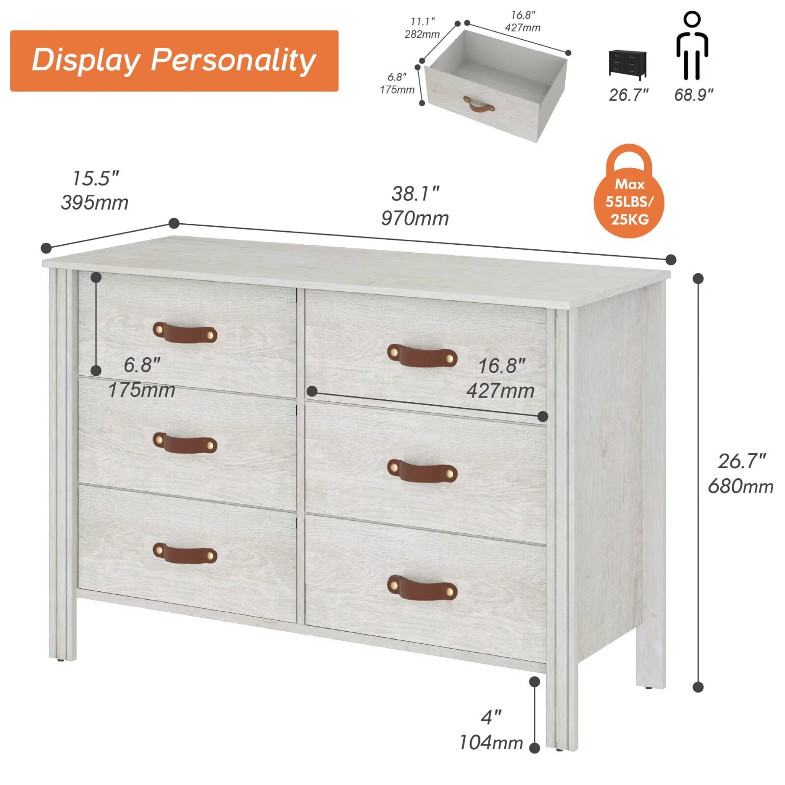 WAMPAT 6-Drawer Kids Dresser, Lightweight Fabric Storage Organizer for Baby Clothes, Nursery & Bedroom Furniture, White Chest of Drawers with Easy Assembly