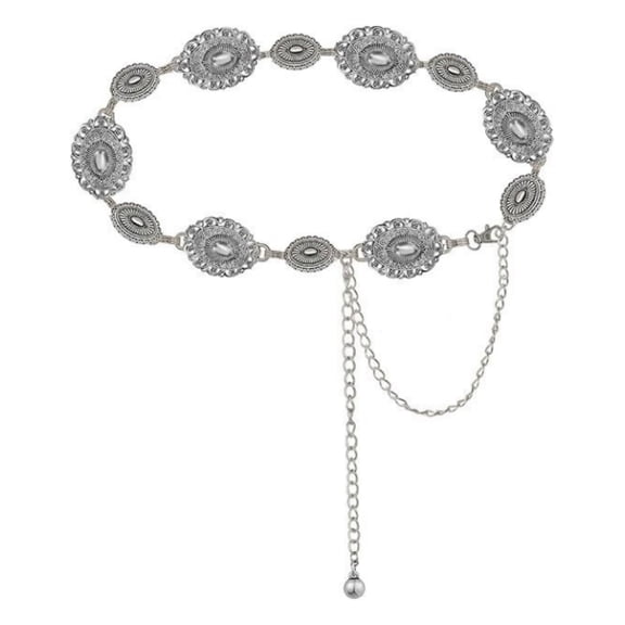 HUJHKIO Women's Western Concho Belt Metal Chain Cowgirl Belt Boho Vintage waist Belt for Dresses Jeans, 51.1 Inches Adjustable Silver