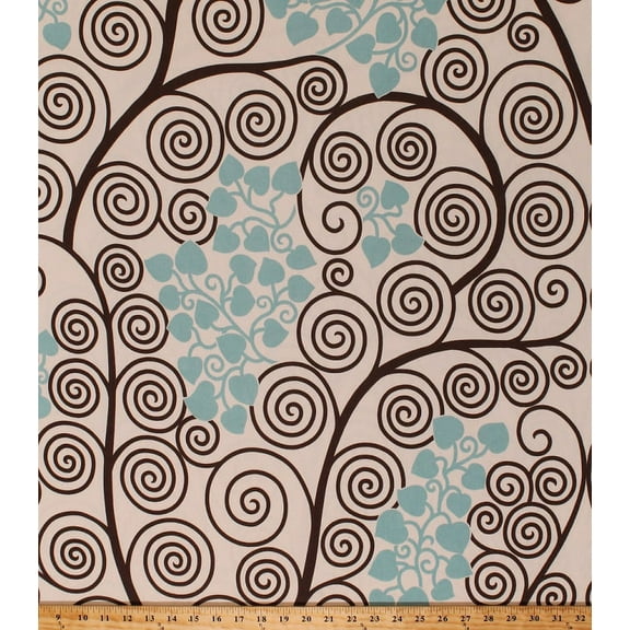 52" Decorator Weight Vines Teal Brown Spiral Swirling Branches Vining Leaves on Cream Twill-Look Background Modern Home Decor Upholstery Fabric by the Yard (D791.15)