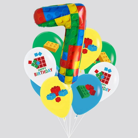 Colorful Brick Bash Party Pack - Building Block Theme Birthday Decor Set for Boys, Girls, Toddlers - Includes Number 7 Decorations & Supplies