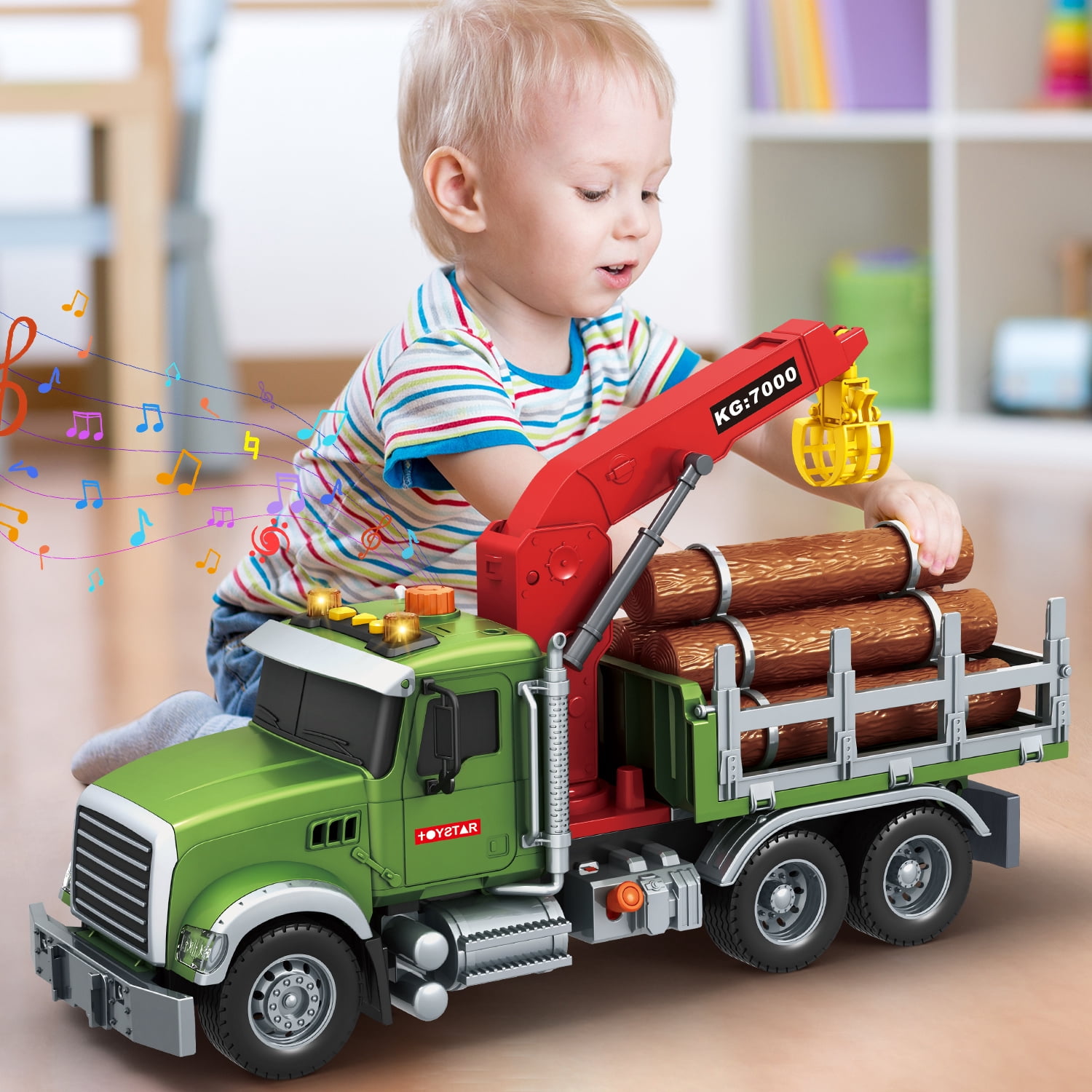 Kids Timber Truck Toy with Loading Crane, 15" Large Friction Powered Construction Truck with Lights and Sounds, Play Vehicle Toys for Kids