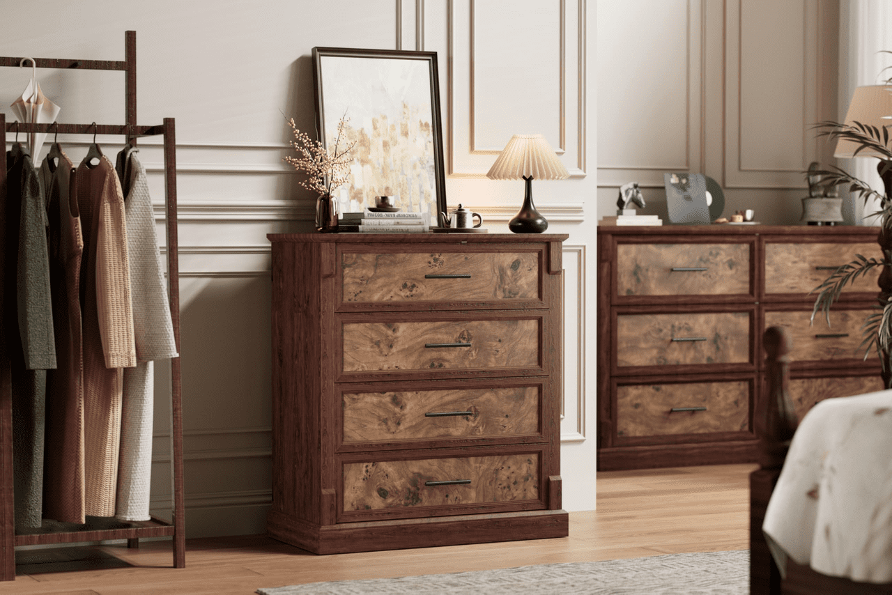 TROPOW Farmhouse 4 Drawer Dresser for Bedroom, Tall Chest of Drawers with Metal Handles, Rustic Wooden Dresser TV Stand, for Living Room, Hallway,Brown