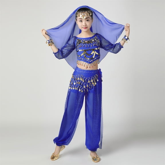 Kids Girls Belly Dance Costume Set - Blue 5-Piece Outfit with Top Pants Accessories, 100% Polyester for 5-15 Years Female Dance Recital,Size 9-11 T