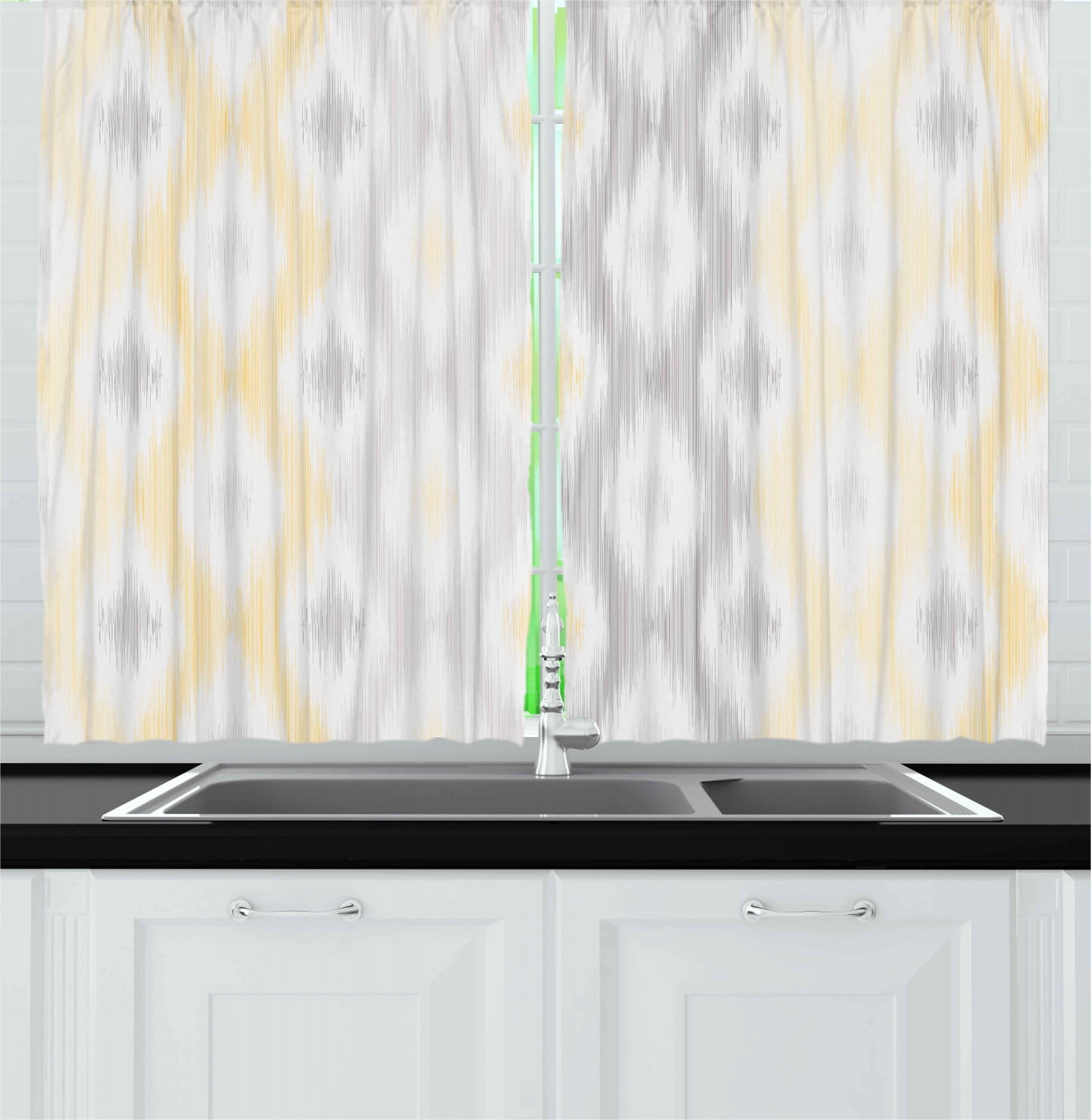 Grey and Yellow Curtains 2 Panels Set, Sketchy Hand Drawn Abstract Chain Like Ethnic Tribal Design, Window Drapes for Living Room Bedroom, 55W X 39L Inches, Pale Grey and Yellow, by Ambesonne