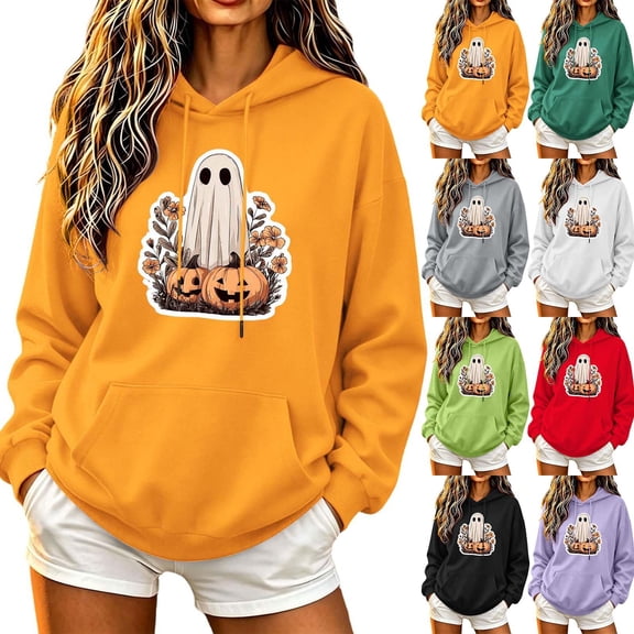 Jsaierl Halloween Sweatshirts Women Spooky Ghost Graphic Pullover Hoodies Soft Going Out Long Sleeve Sweater Tops Halloween Costumes, Sizes S-2XL
