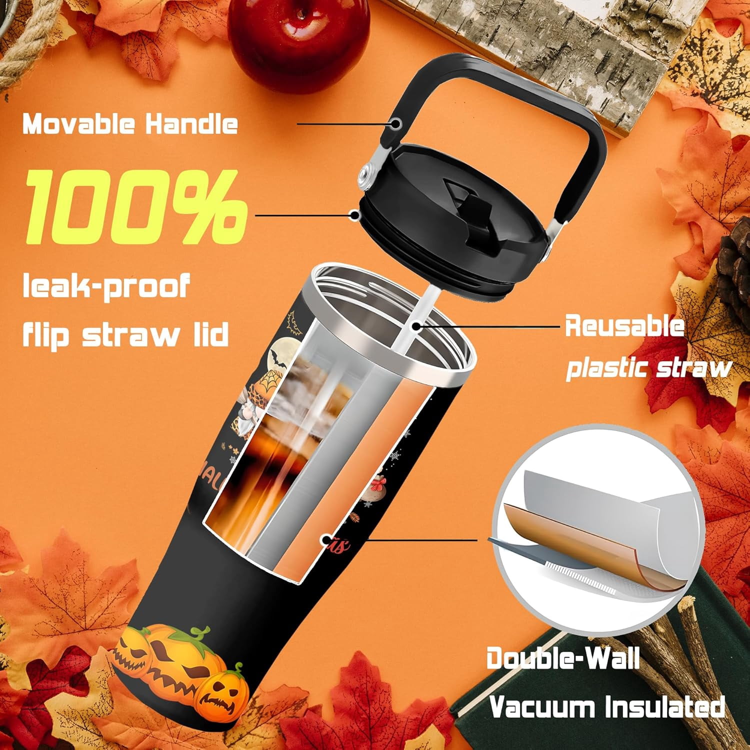 Happy Hallothanksmas Tumbler, Fall Cup 30 Oz Tumbler with Handle and Flip Straw, Insulated Autumn Mugs Keeps Drinks Cold & Hot, Thanksgiving Halloween Christmas Gifts For Women