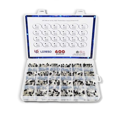 Transistor Assortment Kit Box by Loreso - 600 Piece 24 Value NPN PNP Transistor Box 2N2222 2N2907 BC327 BC337 BC556 2N3903 S9012 for Hobby Electronics, Audio-Video, Repair & Electronic Projects