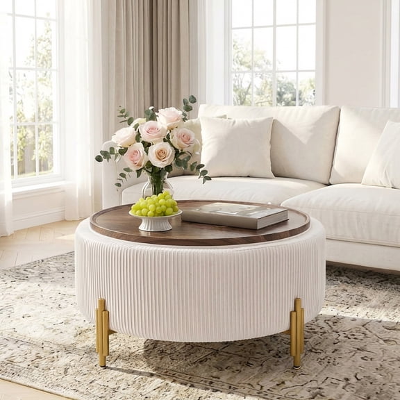 Mxfurhawa 30" Cream Round Velvet Storage Ottoman Coffee Table, Modern Upholstered Furniture with Lid & Metal Legs for Living Room & Bedroom
