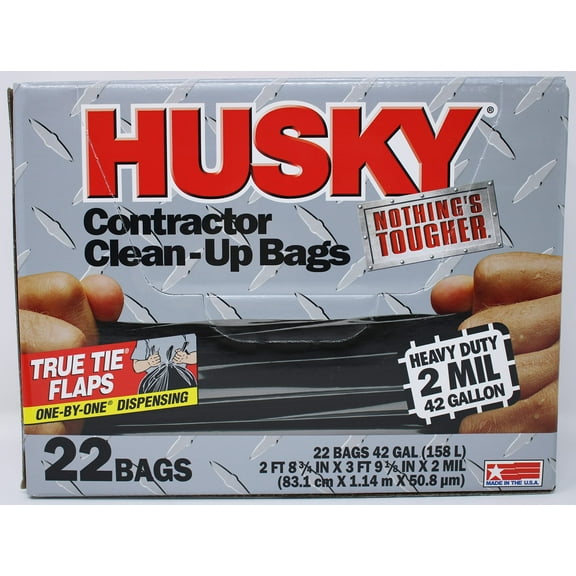 Husky HK42WC022B Heavy Duty BDF32 Contractor Clean-Up Bag, Poly, Black, 42 gal, 4' L x 2' 9 in W x 2 Mil T