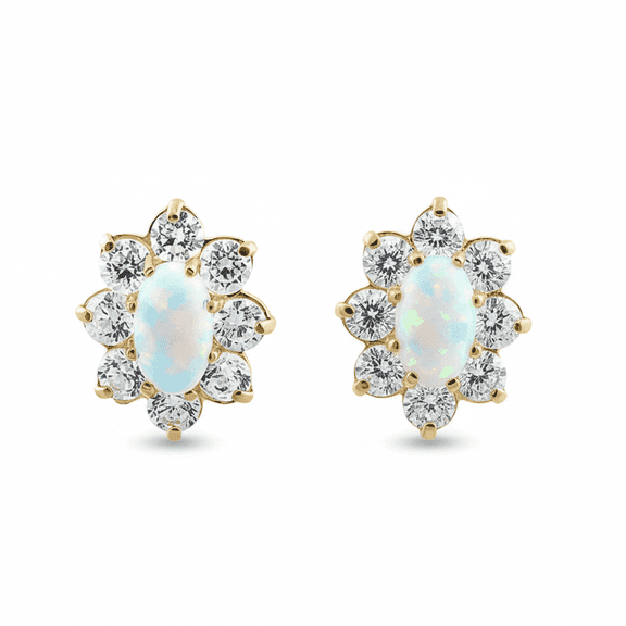 VINALI 14K Solid Yellow Gold Womens Tiny Oval Opal Cz Halo Stud Earrings - 0.36 in
