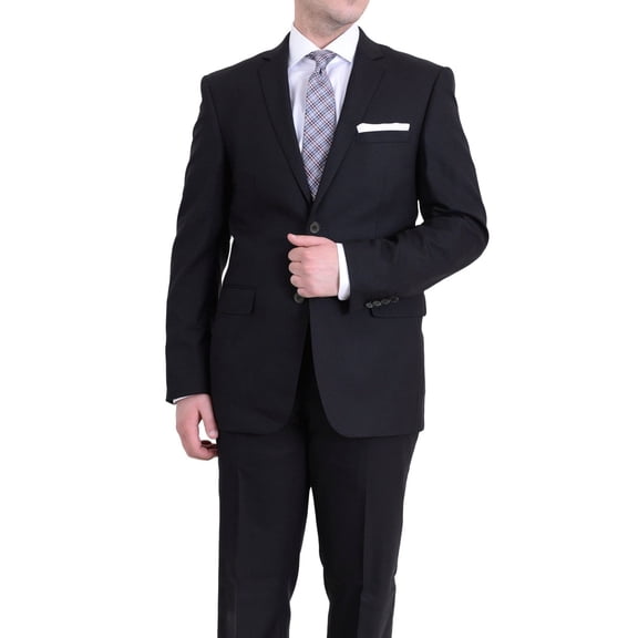 Men's Raphael Slim Fit Solid Black Textured Two Button Wool Touch 2 Piece Formal Suit