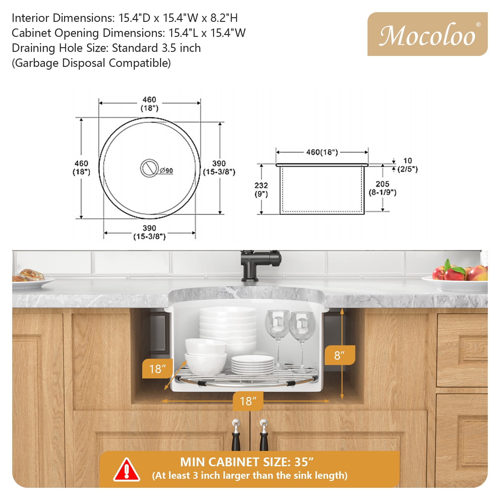 18 Inch Round White Kitchen Ceramic Sink Single Bowl Undermount Porcelain Sink with Bottom Grid and Drain Assembly Combo