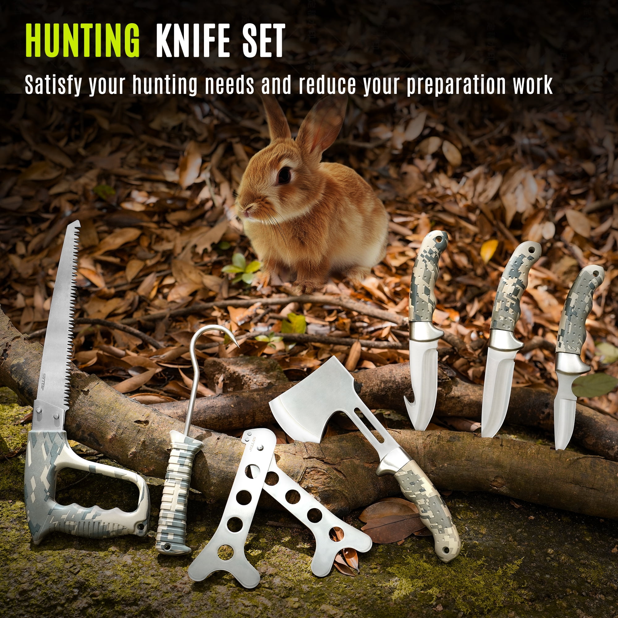 Jellas 14 Pieces Deer Hunting Knife Set with Storage Case, Butcher Kit, Fixed Blade Skinning Knife for Camping, Fishing