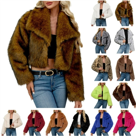 QATAINLAV Womens Fashion Faux Fur Jacket Long Sleeve Fluffy Furry Warm Winter Coats Solid Color Casual Open Front Fleece Outerwear, Hot Pink, S